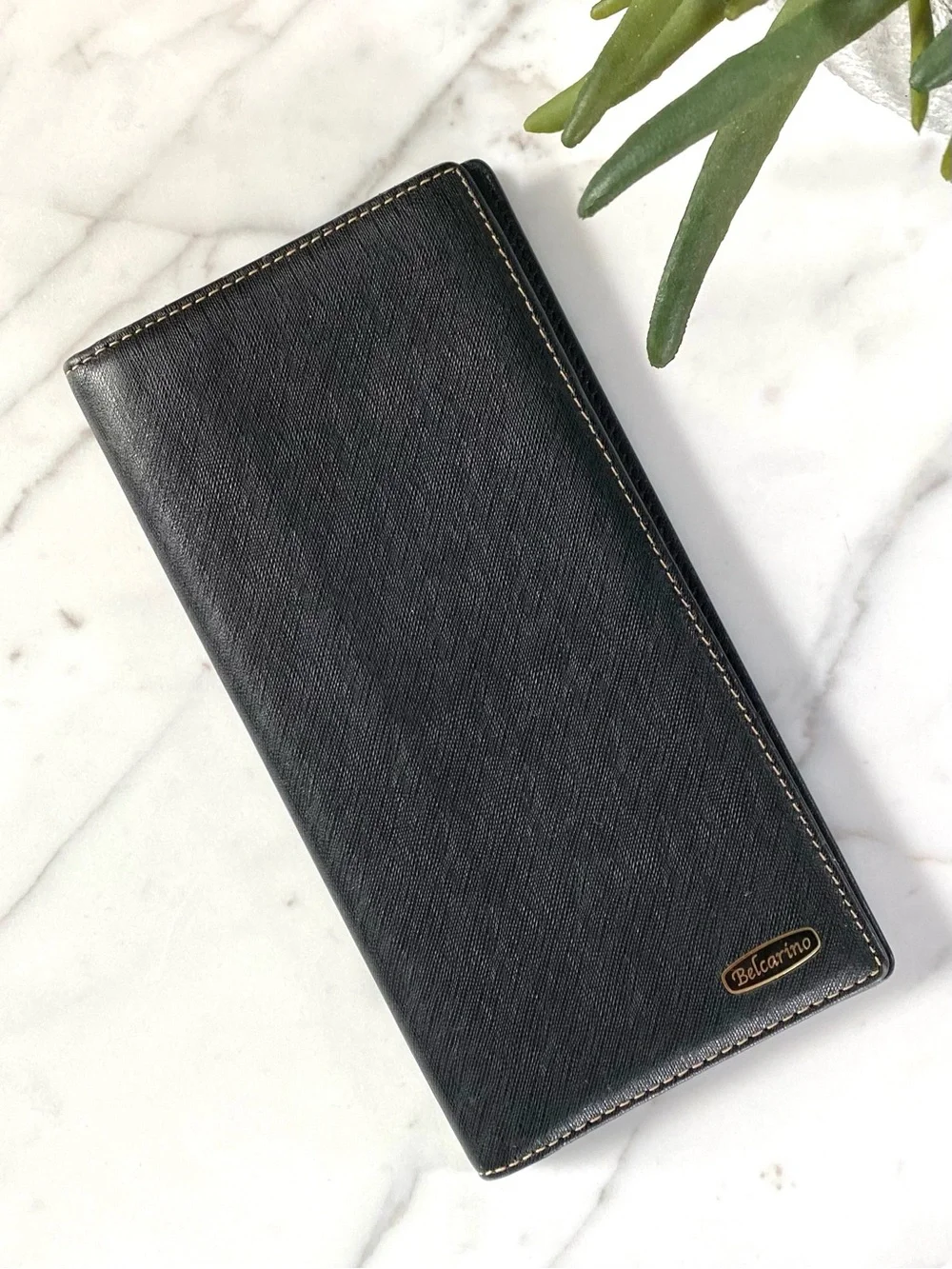 BELCARINO - Men's Long Black Leather Wallet, Check Book, Card Holder